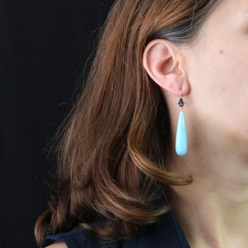 Boucles d'oreilles pendantes améthystes et turquoises