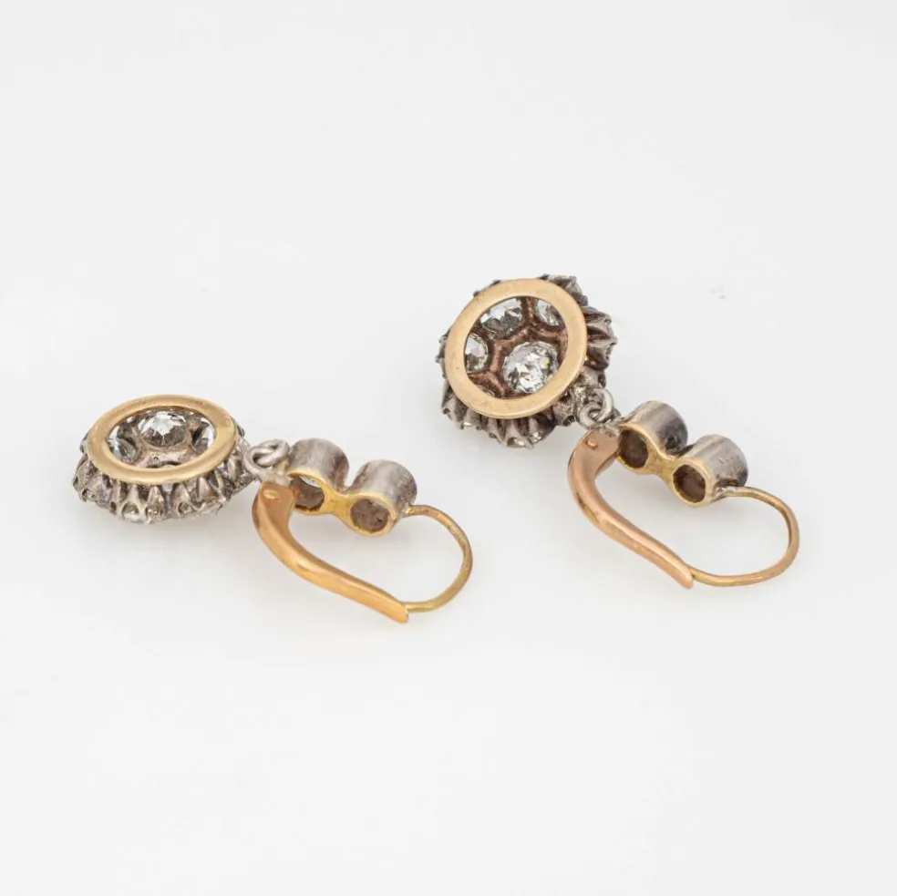 Boucles d'oreilles pendantes en or 14 carats avec diamants de 2,50 ct et pierres précieuses de style victorien antique