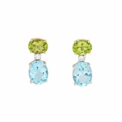 Boucles d'oreilles pendantes topaze bleue, péridot et diamants