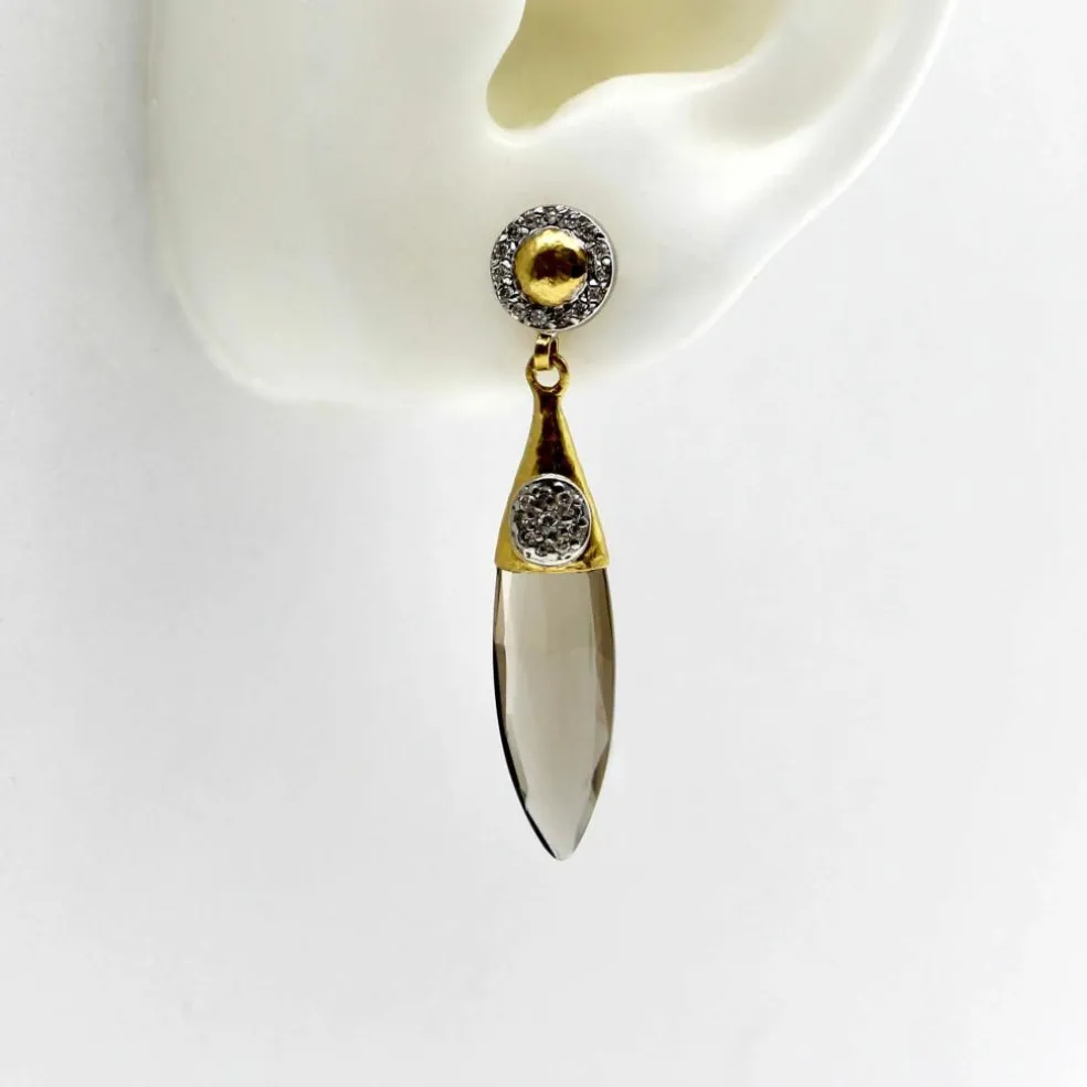 Boucles d'oreilles pendantes en or et quartz fumé avec diamants