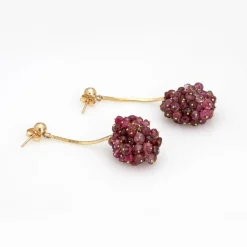 Boucles d'Oreilles Pendantes Framboise Grappe de Tourmaline Rose Vintage Or Jaune