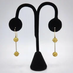 Boucles d'oreilles pendantes à double boule en or 18 carats de style étrusque