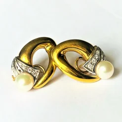 Boucles d'Oreilles Perle Diamants 2 ors