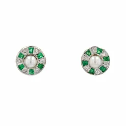 Boucles d'oreilles perles diamants et émeraudes calibrées