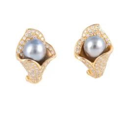 Boucles d'Oreilles Perles de Tahiti, Diamants, Or Jaune