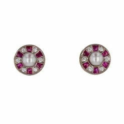 Boucles d'oreilles perles diamants et rubis calibrés