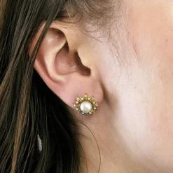 Boucles d'oreilles perles et turquoises en or jaune