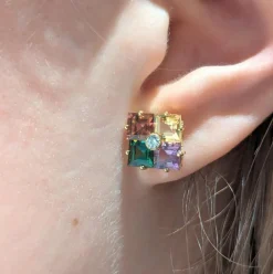 Boucles d'oreilles pierres multicolores or jaune