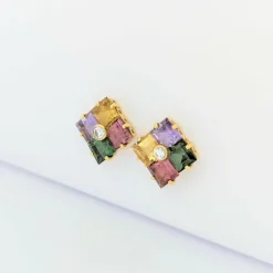 Boucles d'oreilles pierres multicolores or jaune