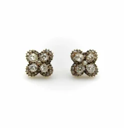 Boucles d'oreilles quadrilobe en or, diamants et perles taille ancienne mine
