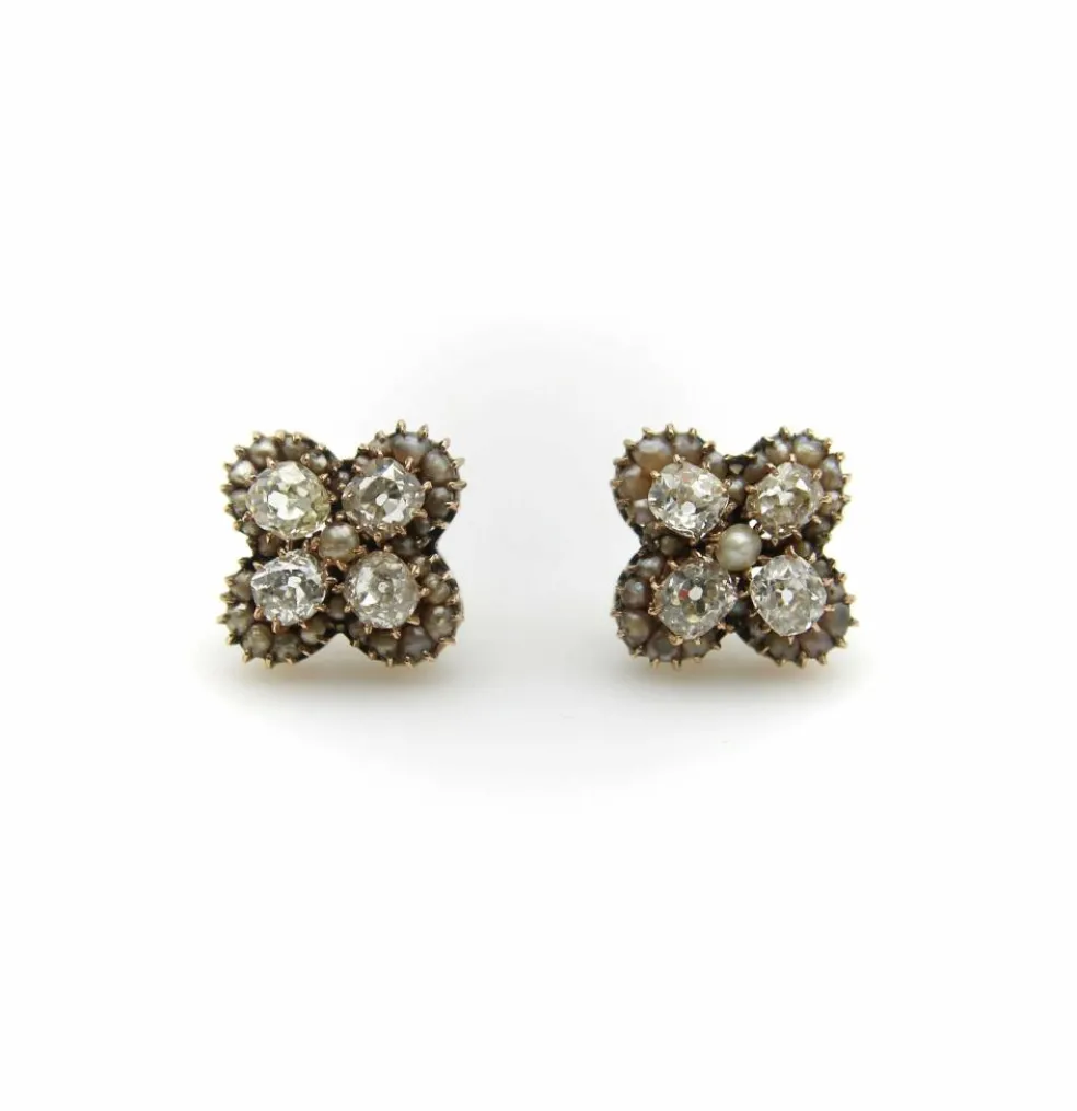 Boucles d'oreilles quadrilobe en or, diamants et perles taille ancienne mine