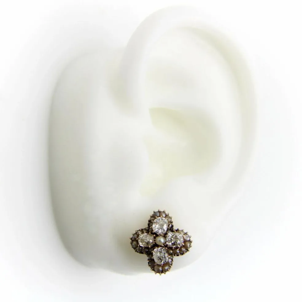 Boucles d'oreilles quadrilobe en or, diamants et perles taille ancienne mine