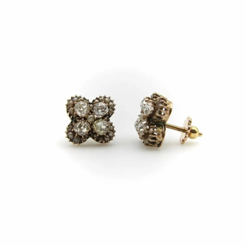 Boucles d'oreilles quadrilobe en or, diamants et perles taille ancienne mine