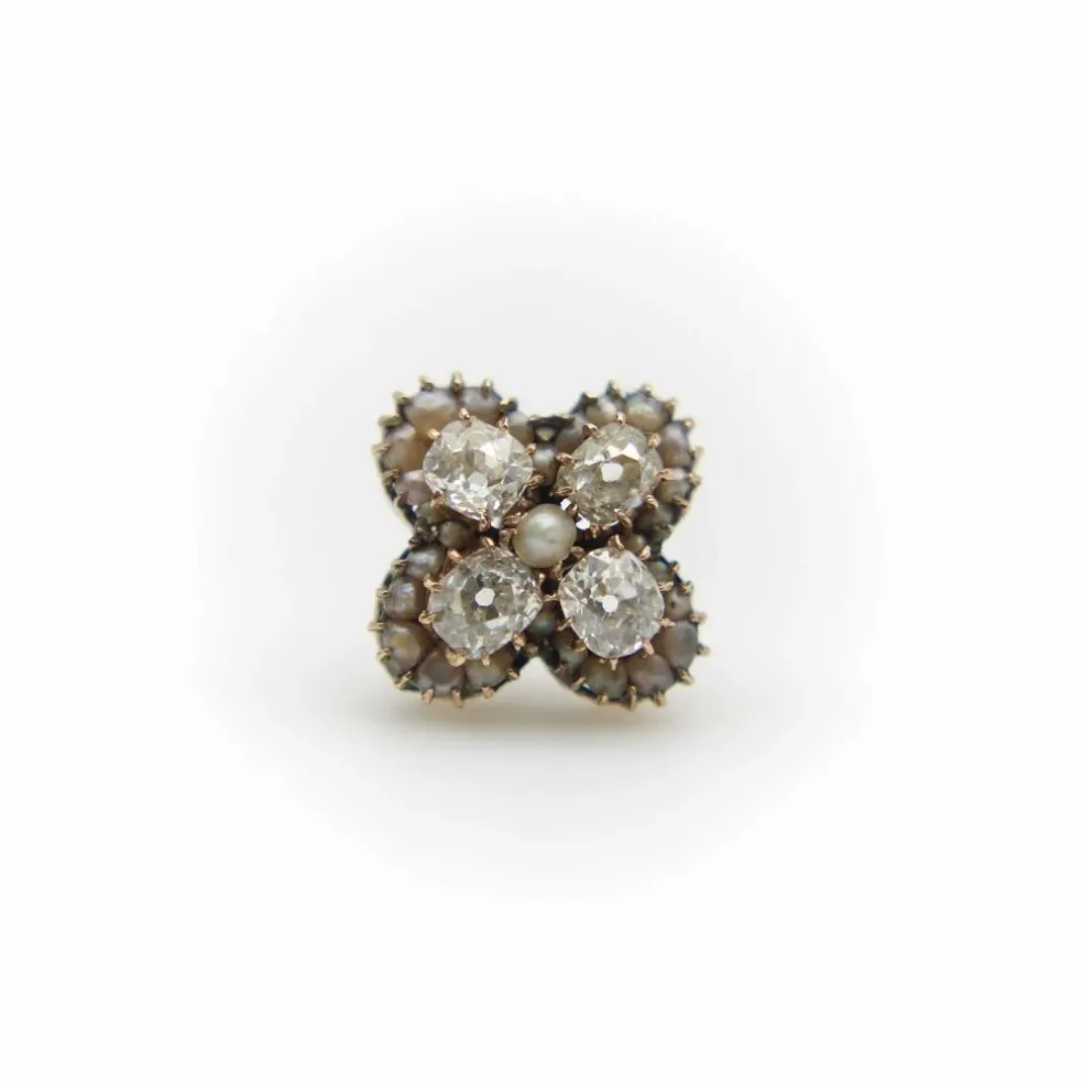 Boucles d'oreilles quadrilobe en or, diamants et perles taille ancienne mine