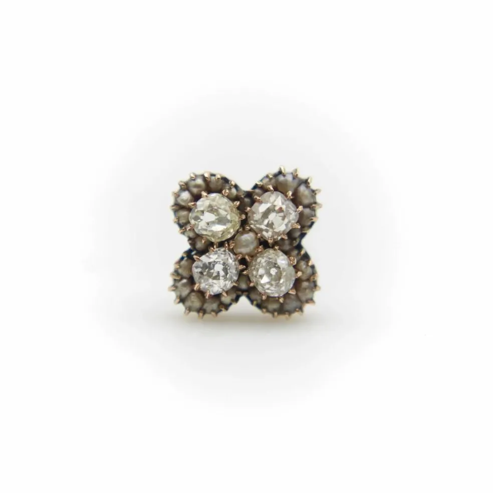 Boucles d'oreilles quadrilobe en or, diamants et perles taille ancienne mine