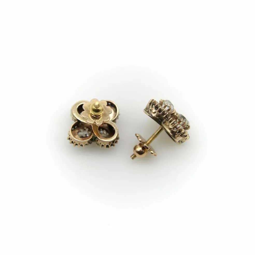 Boucles d'oreilles quadrilobe en or, diamants et perles taille ancienne mine