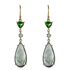 Boucles d'oreilles quartz à rutile grenats tsavorites et diamants