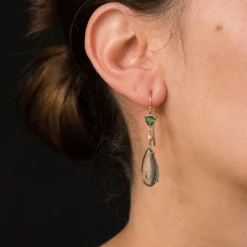 Boucles d'oreilles quartz à rutile grenats tsavorites et diamants
