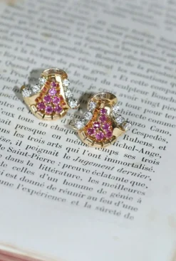 Boucles d'Oreilles Rétro Or Rose, rubis, et diamants