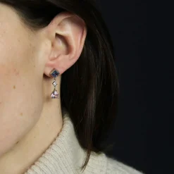 Boucles d'oreilles saphirs diamants et morganites