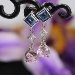 Boucles d'oreilles saphirs diamants et morganites