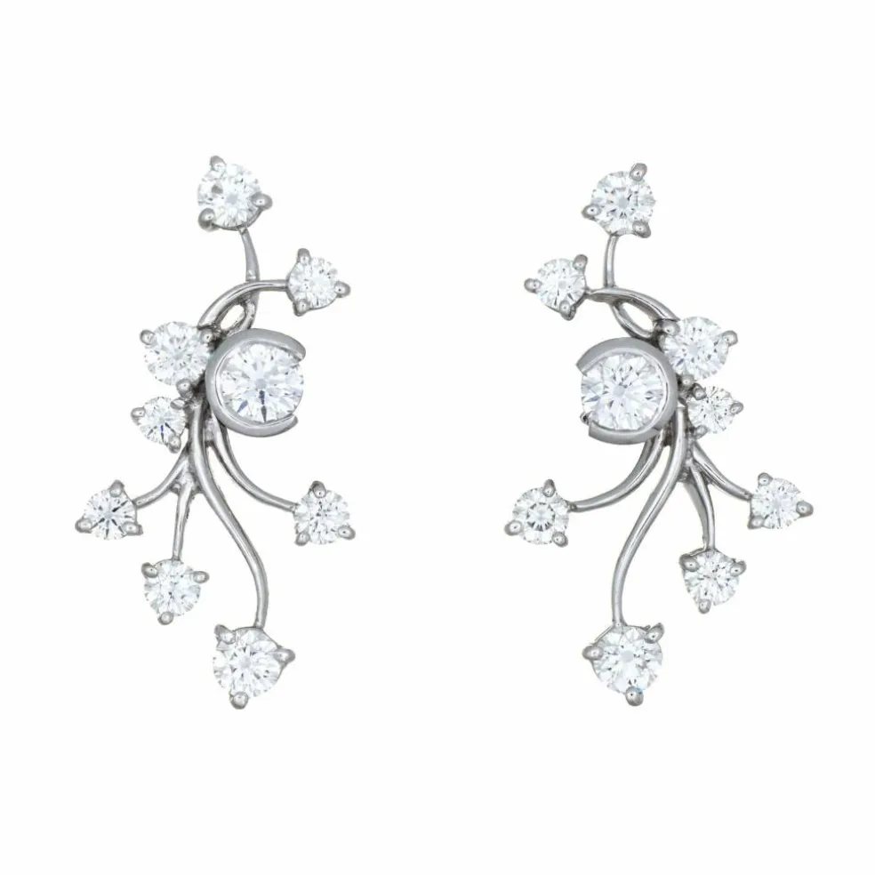 Boucles d'oreilles vintage en or blanc 14 carats avec diamants 2 carats, bijoux fins du milieu du siècle, vigne