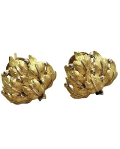 Boucles d'oreilles vintage en or jaune avec motif de feuille des années 1950