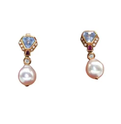 Boucles d'oreilles vintage en perles Akoya et rubis aigue-marine