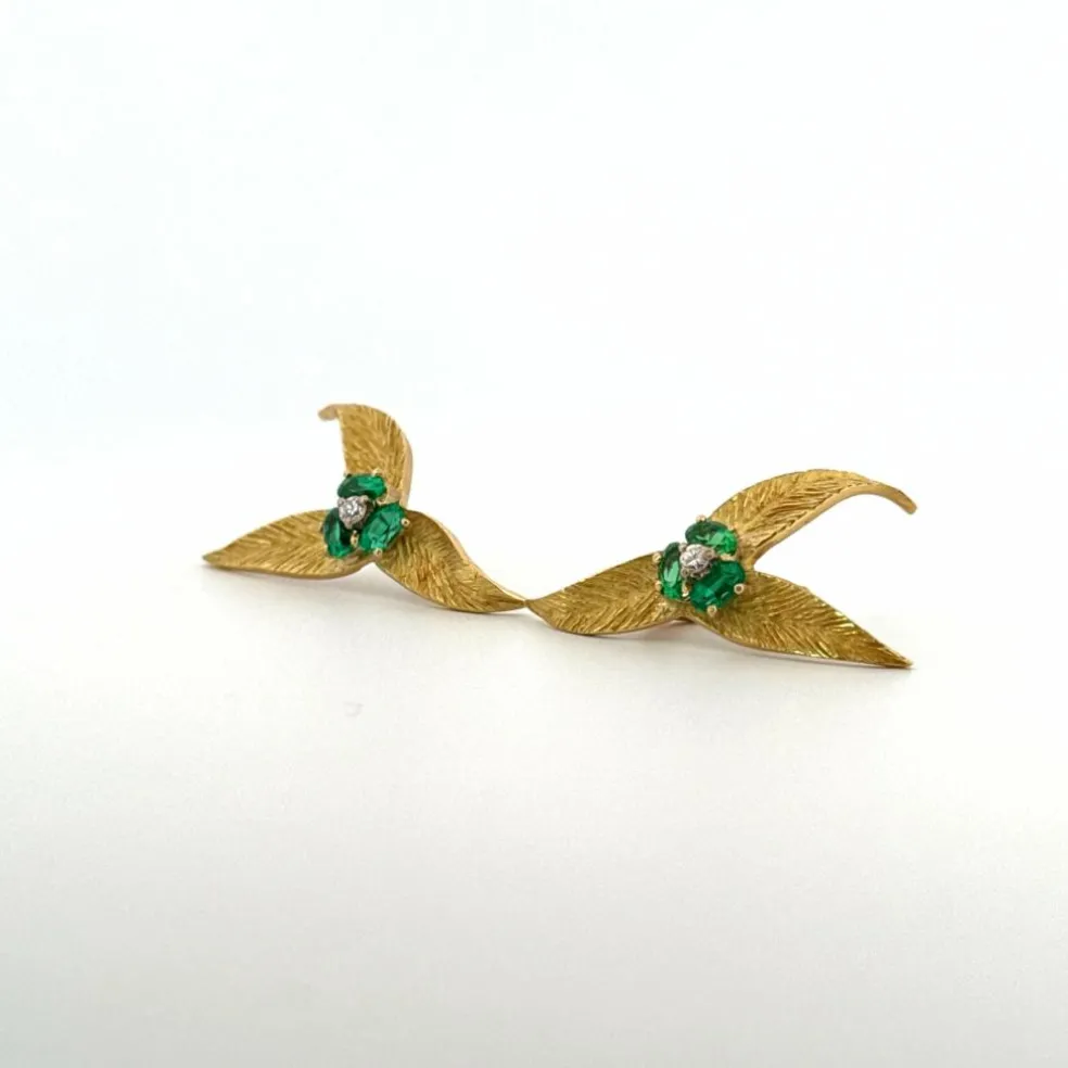 Boucles D'oreilles Vintages Or Jaune 18k Diamants & Émeraude