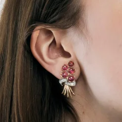 Boucles d'oreilles vintage grappe or jaune, rubis, diamants