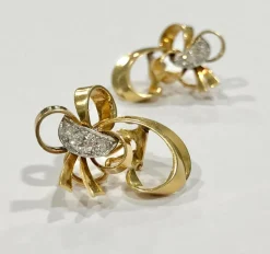 Boucles d'oreilles vintage noeuds or jaune et diamants