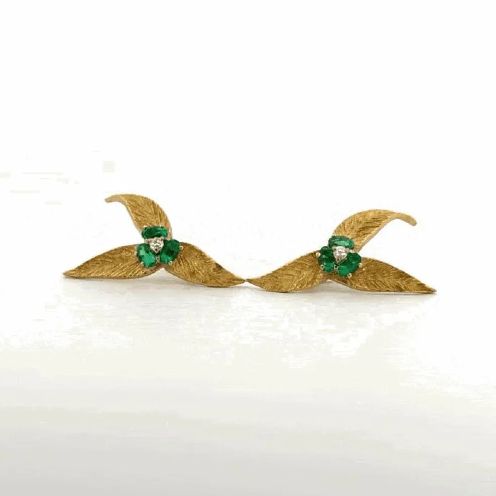 Boucles D'oreilles Vintages Or Jaune 18k Diamants & Émeraude