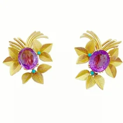 Boucles d'oreilles vintages, or jaune, améthystes, turquoises.