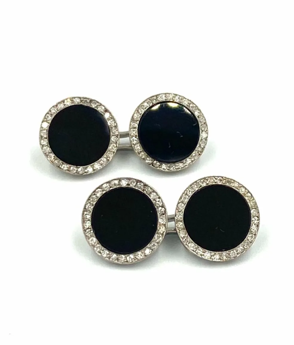 Boutons de manchette Art Déco, or blanc, onyx et diamants.