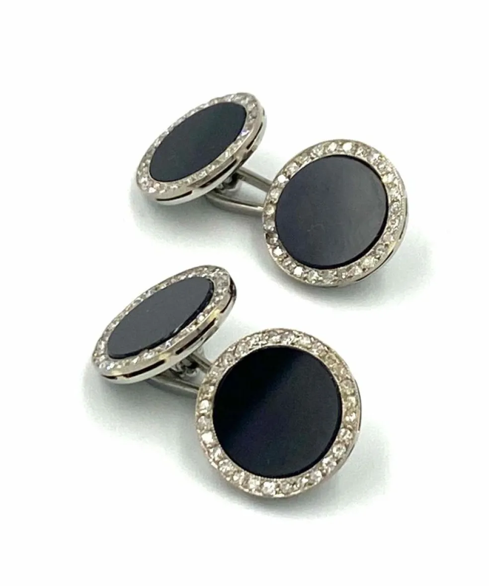 Boutons de manchette Art Déco, or blanc, onyx et diamants.