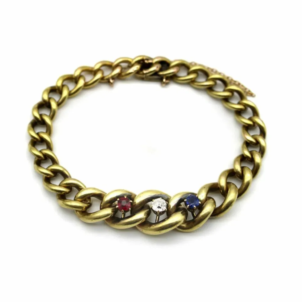 Bracelet à maille gourmette graduée édouardienne en or avec trois pierres