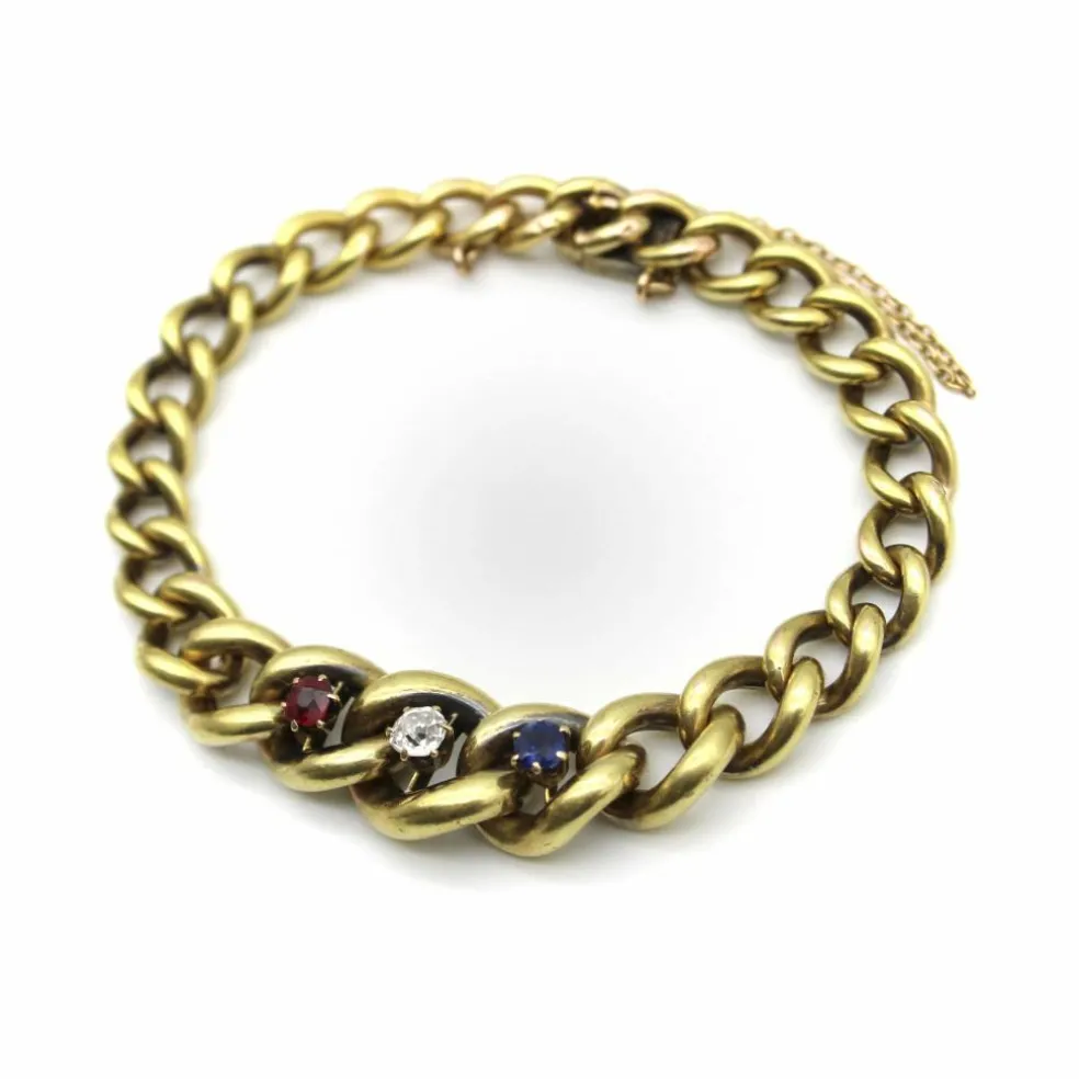 Bracelet à maille gourmette graduée édouardienne en or avec trois pierres