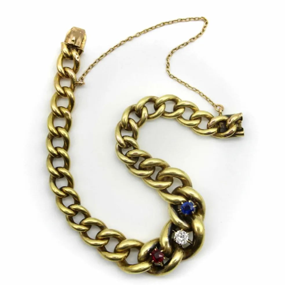 Bracelet à maille gourmette graduée édouardienne en or avec trois pierres