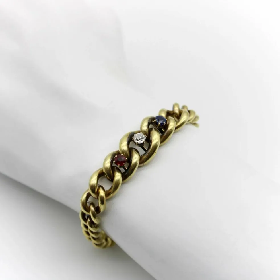 Bracelet à maille gourmette graduée édouardienne en or avec trois pierres