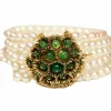 Bracelet 5 Rangs Perles de culture et Perles d'Emeraude avec Fermoir broche