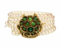 Bracelet 5 Rangs Perles de culture et Perles d'Emeraude avec Fermoir broche