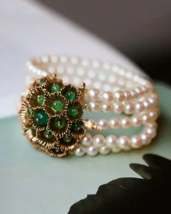 Bracelet 5 Rangs Perles de culture et Perles d'Emeraude avec Fermoir broche