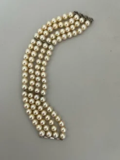 Bracelet 3 Rangs Perles Fermoir Or Gris Diamants