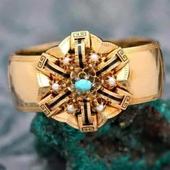 Bracelet ancien Napoléon III turquoise émail noir et perles fines