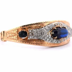 Bracelet années 40 - Or 18 carats et argent - Cabochon saphir