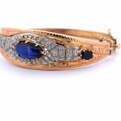 Bracelet années 40 - Or 18 carats et argent - Cabochon saphir