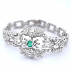 Bracelet Art Déco Platine Émeraude Diamants