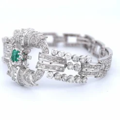 Bracelet Art Déco Platine Émeraude Diamants