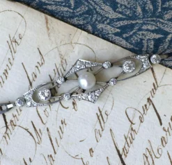 Bracelet Art Deco Perle Fine et Diamants sur Platine