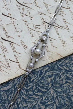 Bracelet Art Deco Perle Fine et Diamants sur Platine